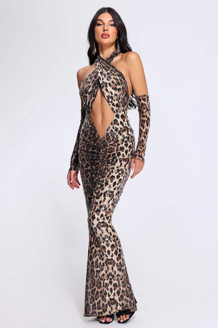 SELINA SEQUIN LEOPARD LONG DRESS