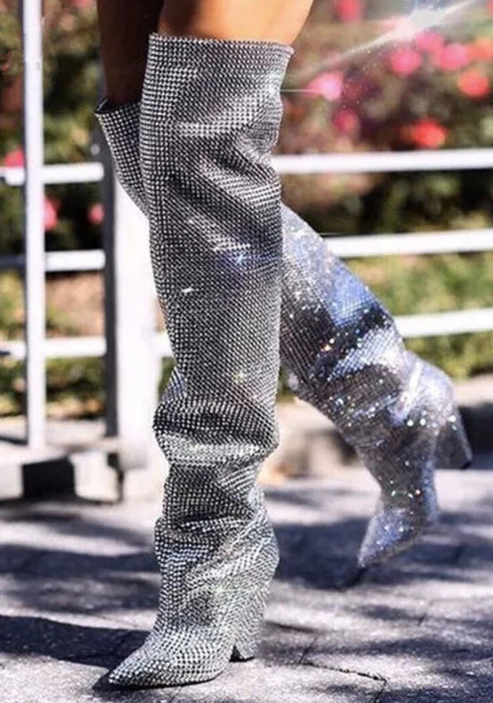 ROYALTY RHINESTONE CHUNKY HEELED BOOTS