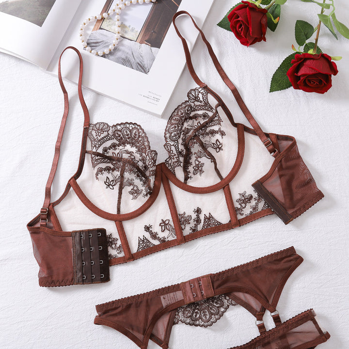 See-Through Mesh Embroidery Gather Bra Set