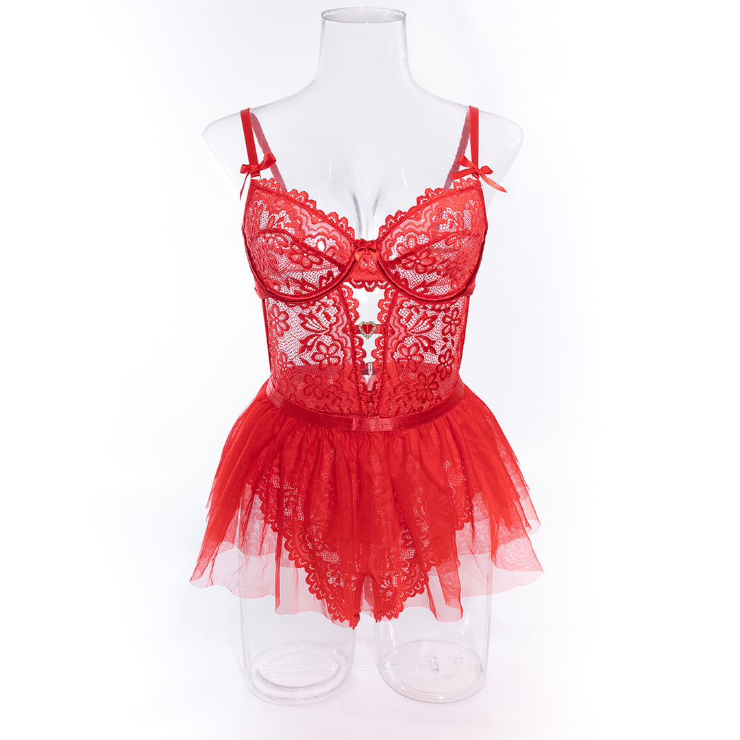 Lace Lingerie Bodysuit with Mini Skirt Sets