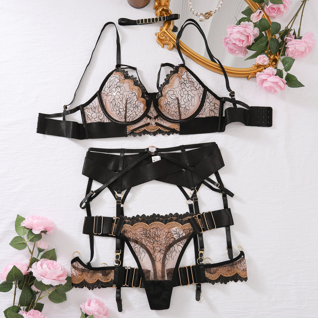 See-Through High Embroidery Contrast Color Bra Set Sexy Five-Piece Lingerie Set