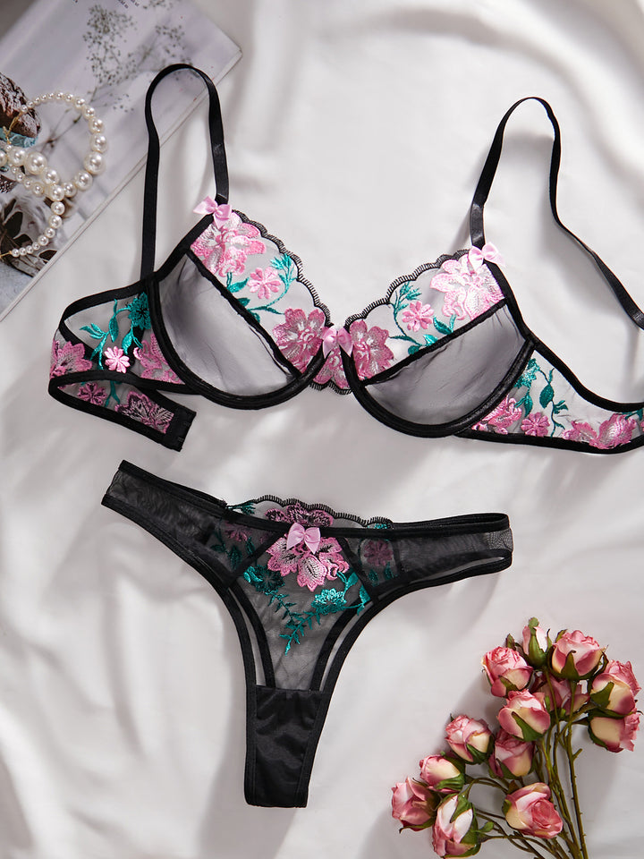 Flower Embroidery See-Through Mesh Contrast Color Sexy Lingerie Two-piece Set