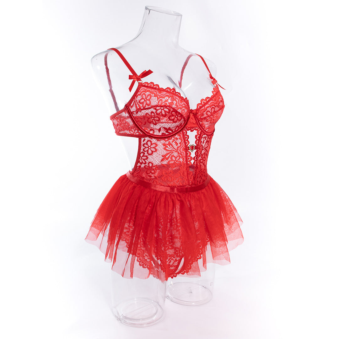 Lace Lingerie Bodysuit with Mini Skirt Sets