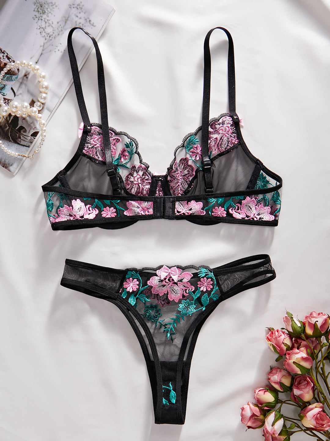 Flower Embroidery See-Through Mesh Contrast Color Sexy Lingerie Two-piece Set