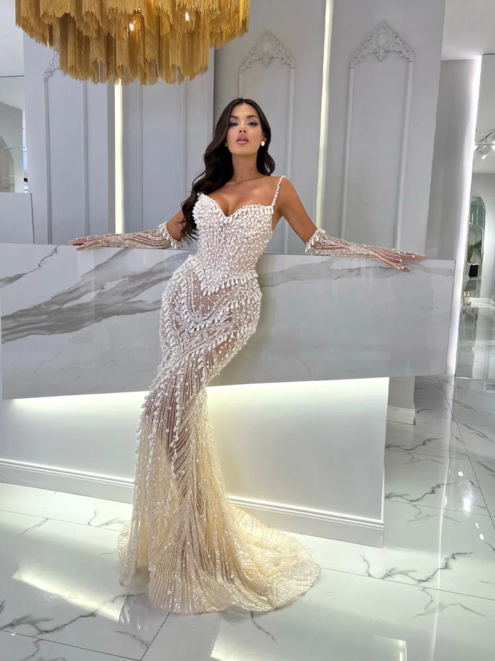 LILLIA BEADED CORSET MESH MERMAID GOWN