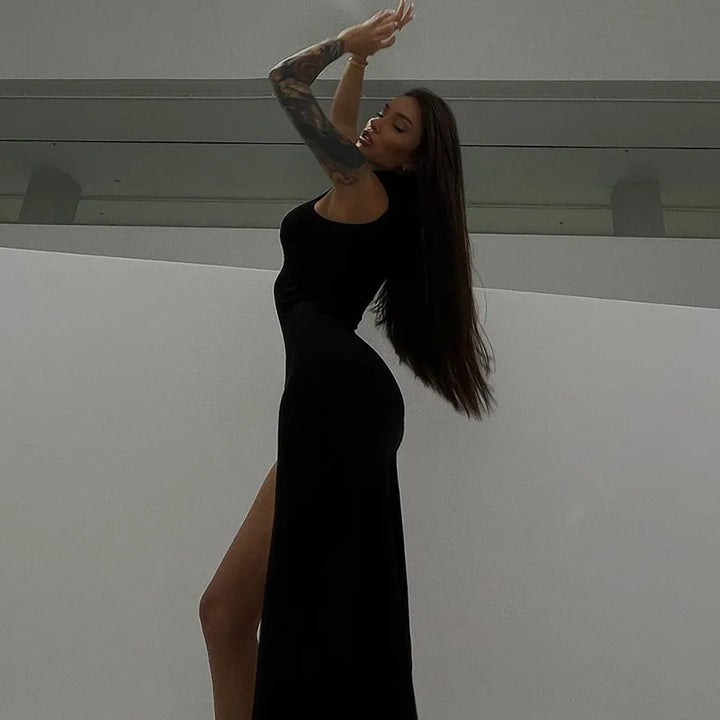 turtleneck sleeveless slit maxi dress