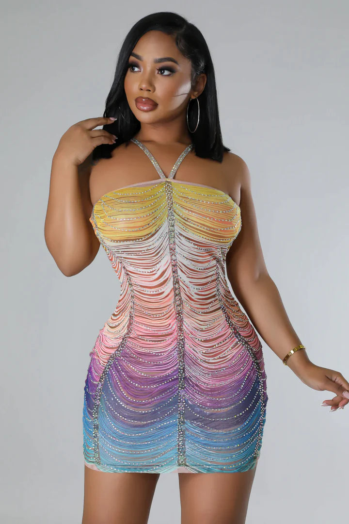 GLAMOUROUS RAINBOW FRINGE MINI DRESS