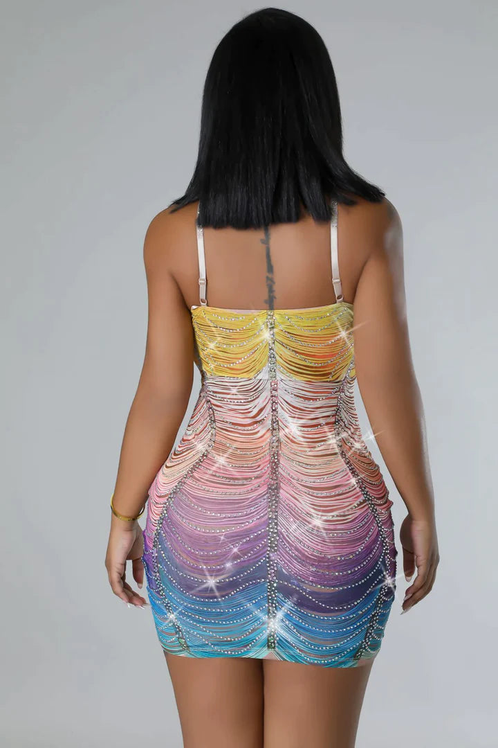 GLAMOUROUS RAINBOW FRINGE MINI DRESS