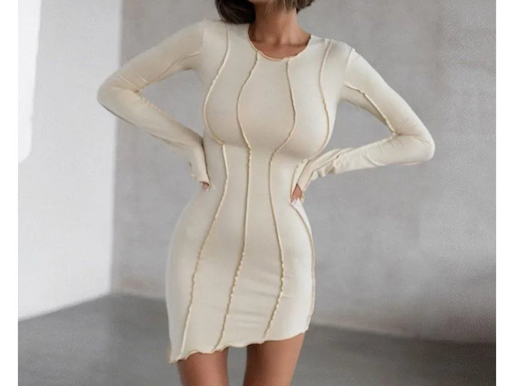 Long-Sleeve Crew Neck Plain Mini Sheath Dress