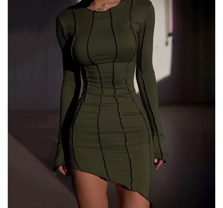 Long-Sleeve Crew Neck Plain Mini Sheath Dress