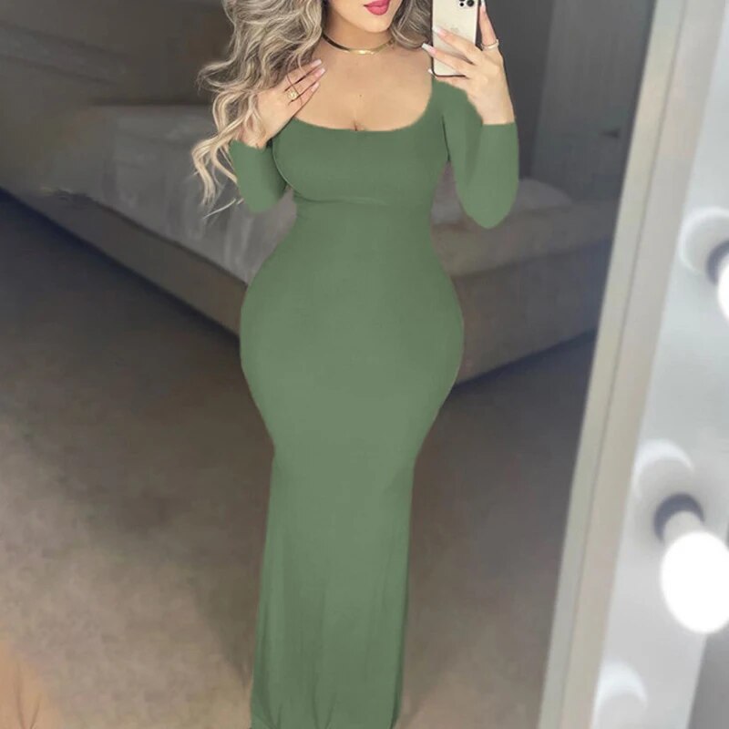 Sexy Skin Tight Cami Maxi Dress Long Sleeve Knitted Dress