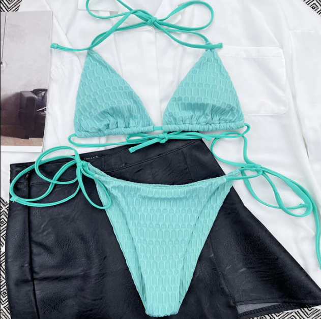 STYLISH TEXTURED TIE STRING SLIDE TRIANGLE TWO PIECE BIKINI SWIMSUIT