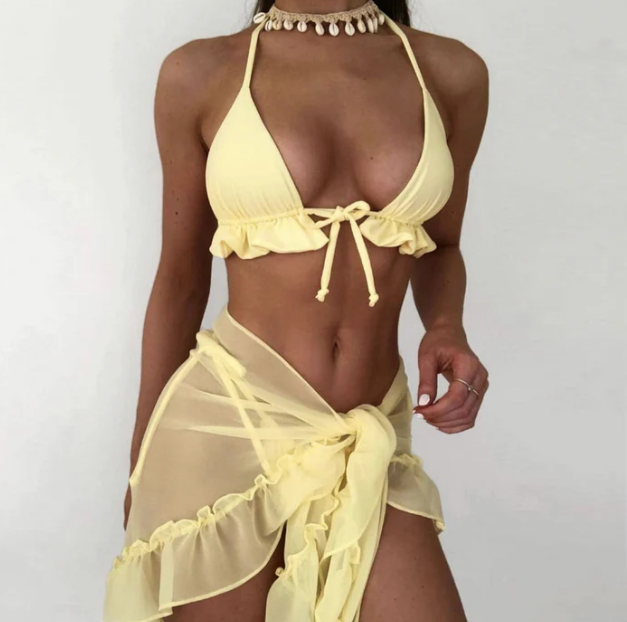 SEXY TIE STRING RUFFLE SLIDE TRIANGLE YELLOW THREE PIECE BIKINI SWIMSUIT