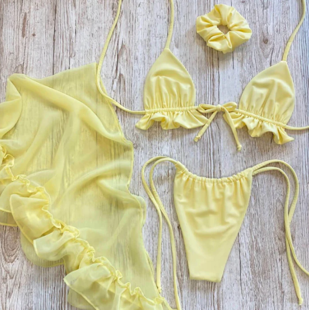 SEXY TIE STRING RUFFLE SLIDE TRIANGLE YELLOW THREE PIECE BIKINI SWIMSUIT