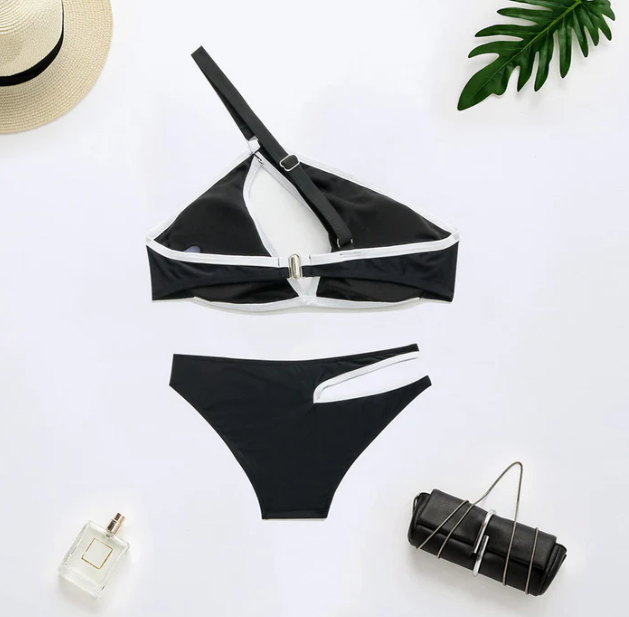 SEXY CONTRAST BINDING CUTOUT ONE SHOULDER TWO PIECE BIKINI SWIMSUIT