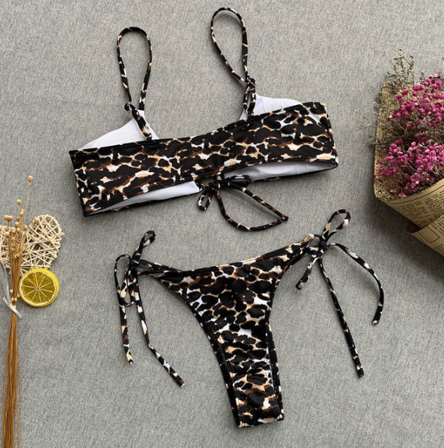 LEOPARD TIE STRING CHEEKY TWO PIECE BIKINI SWIMSUIT