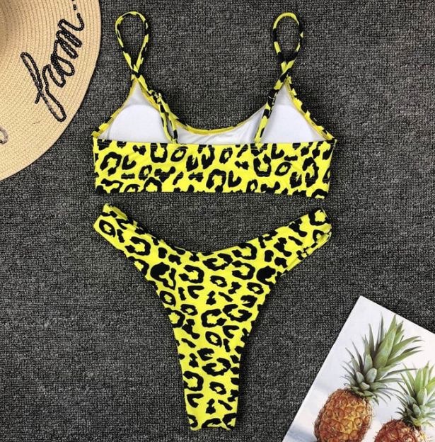 LEOPARD HIGH LEG BRALETTE TWO PIECE BIKINI SWIMSUIT