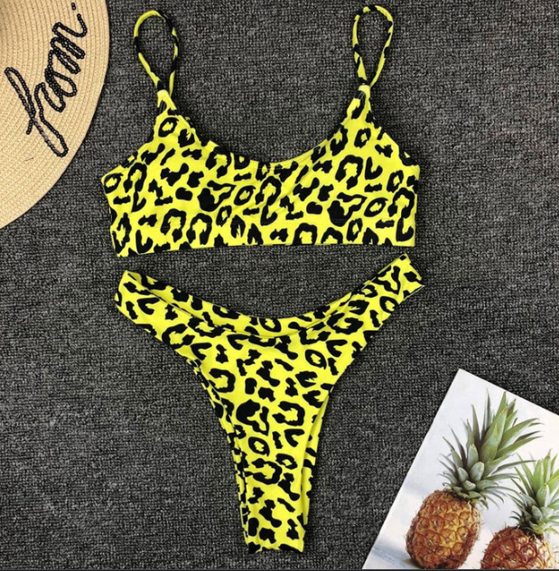 LEOPARD HIGH LEG BRALETTE TWO PIECE BIKINI SWIMSUIT