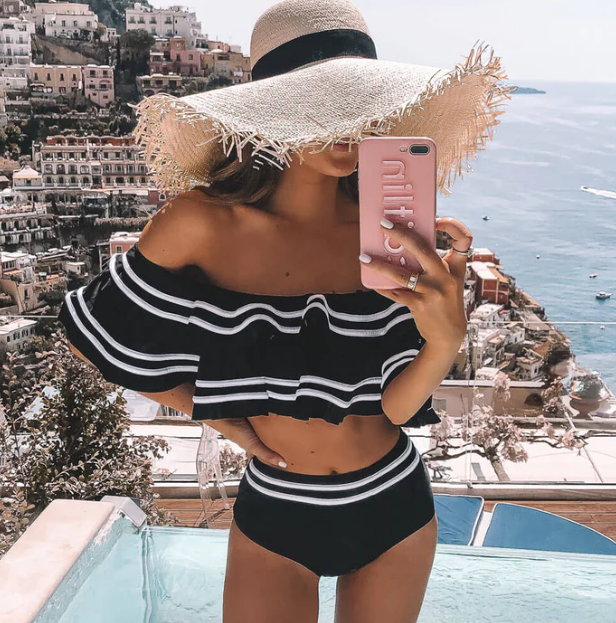 STRIPE HIGH WAIST OFF SHOULDER TWO PIECE BIKINI SWIMSUIT