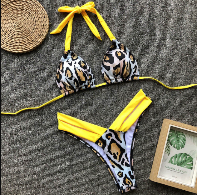 LEOPARD HIGH LEG SLIDE TRIANGLE HALTER TWO PIECE BIKINI SWIMSUIT