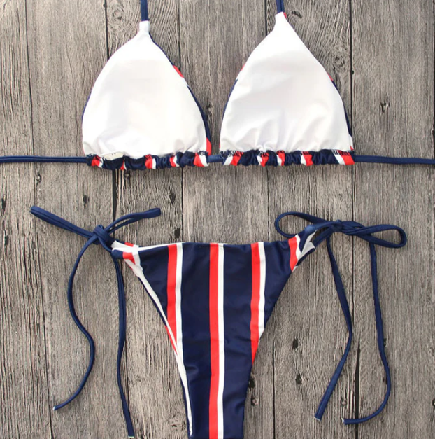 NAUTICAL STRIPED SLIDE TRIANGLE STRIng TWO PIECE BIKINI SWIMSUIT