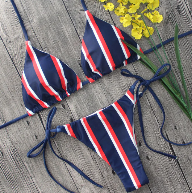 NAUTICAL STRIPED SLIDE TRIANGLE STRIng TWO PIECE BIKINI SWIMSUIT