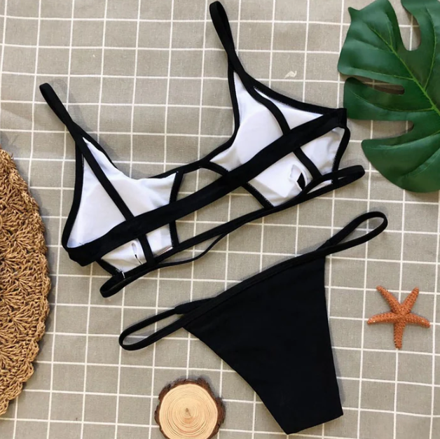 CUTOUT STRING THONG STRAPPY BRALETTE TWO PIECE BIKINI SWIMSUIT