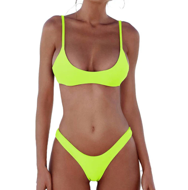 SOLID TRIANGLE HIGH CUT LEG TWO PIECE BIKINI SWIMSUIT