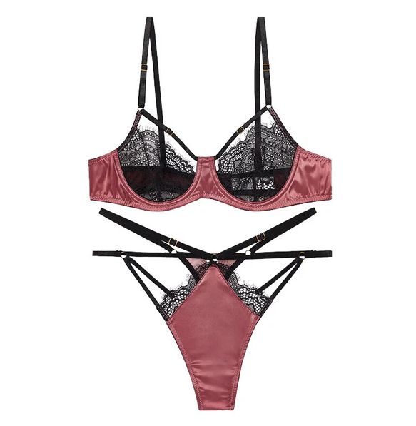 Amore Satin Strappy Bra and Thong Set