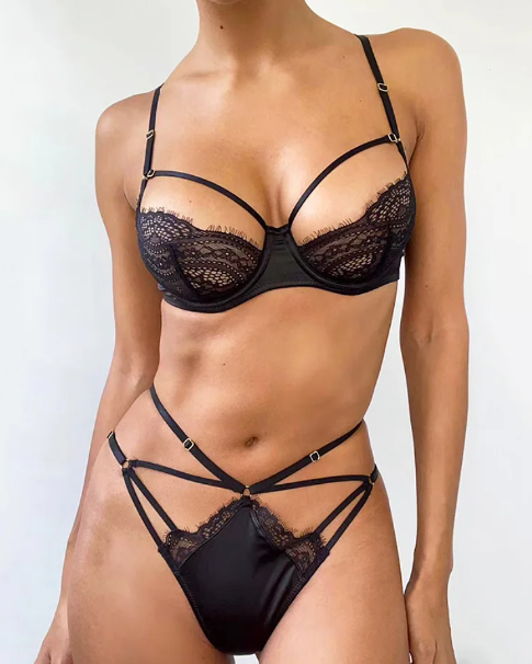 Amore Satin Strappy Bra and Thong Set