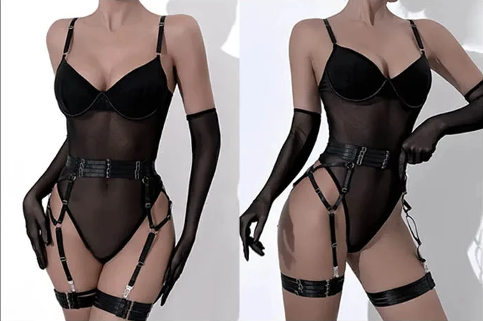 Three Piece Mesh Garter Bodysuit