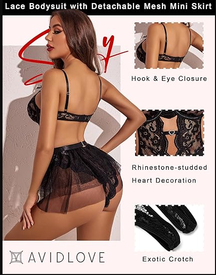 Lace Lingerie Bodysuit with Mini Skirt Sets