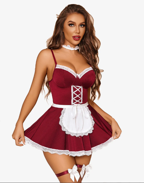 Contrast Lace Maid Lingerie Dress Sets (5Pcs)