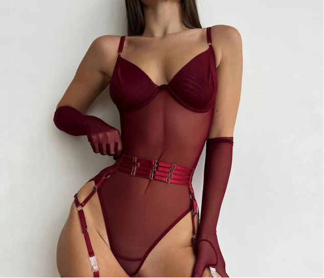 Three Piece Mesh Garter Bodysuit