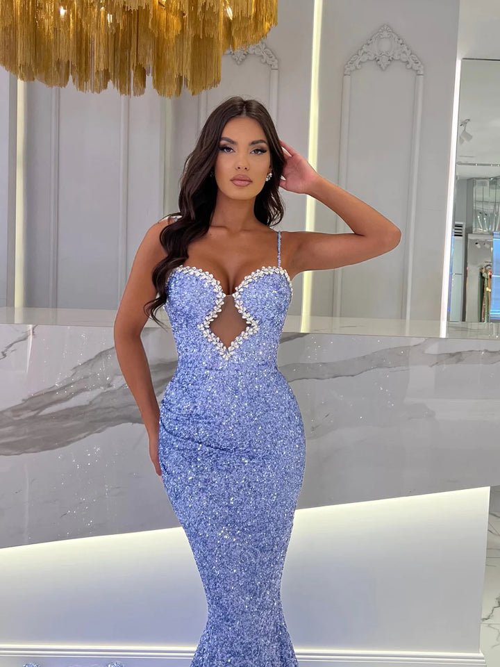 ELSA BLUE SEQUIN EMBELLISHED CUT OUT MERMAID GOWN