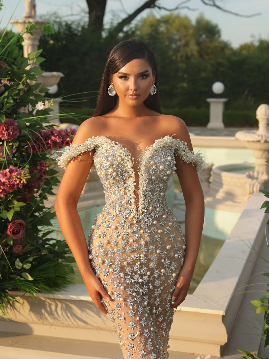 ADRIANA OFF THE SHOULDER BEADED EMBELLISHED GOWN