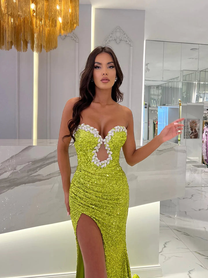 CARMEN LIME GREEN SEQUIN HIGH SLIT EMBELLISHED GOWN