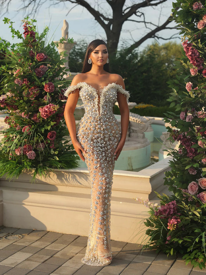 ADRIANA OFF THE SHOULDER BEADED EMBELLISHED GOWN