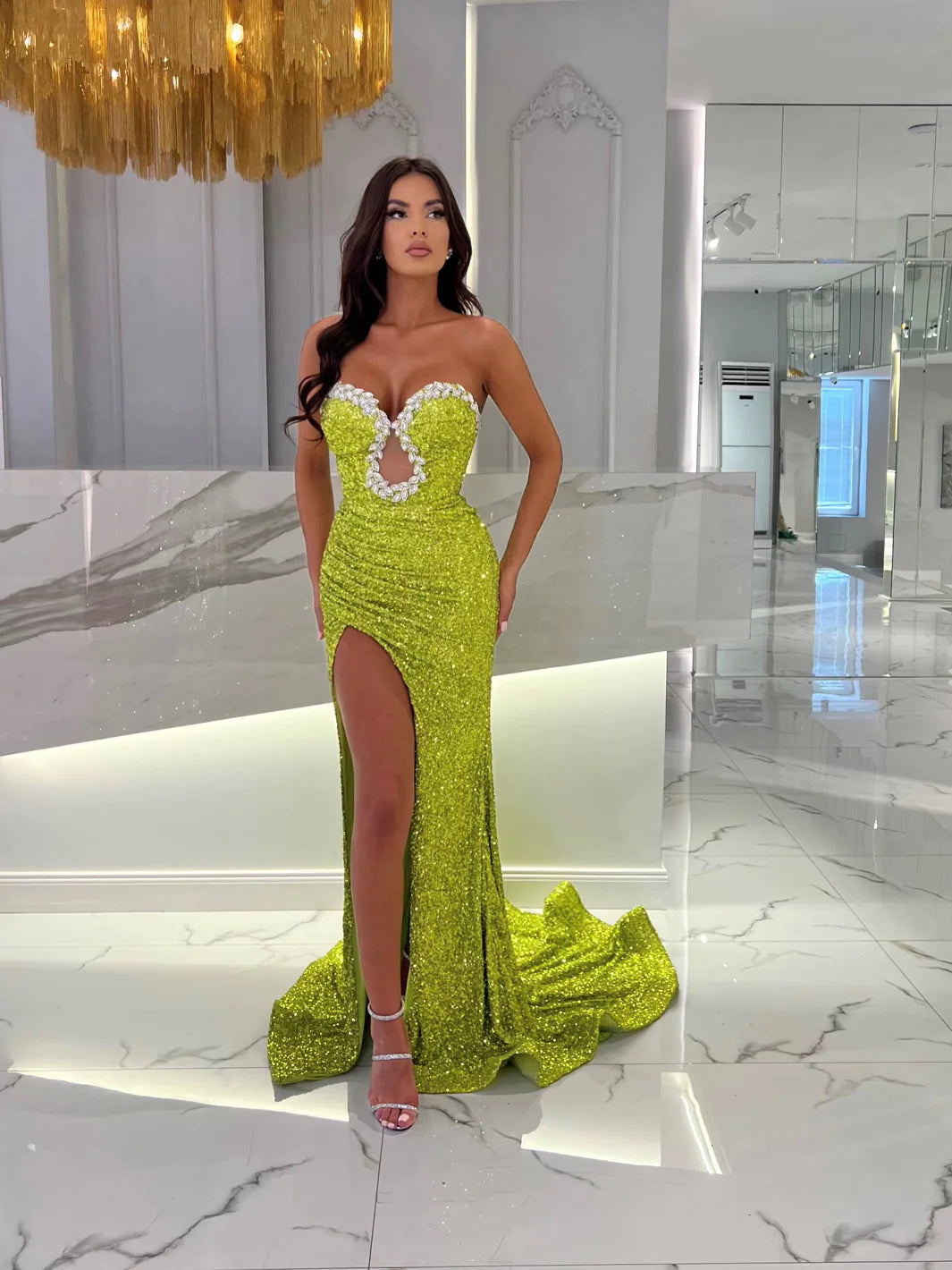 CARMEN LIME GREEN SEQUIN HIGH SLIT EMBELLISHED GOWN