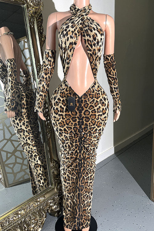 SELINA SEQUIN LEOPARD LONG DRESS