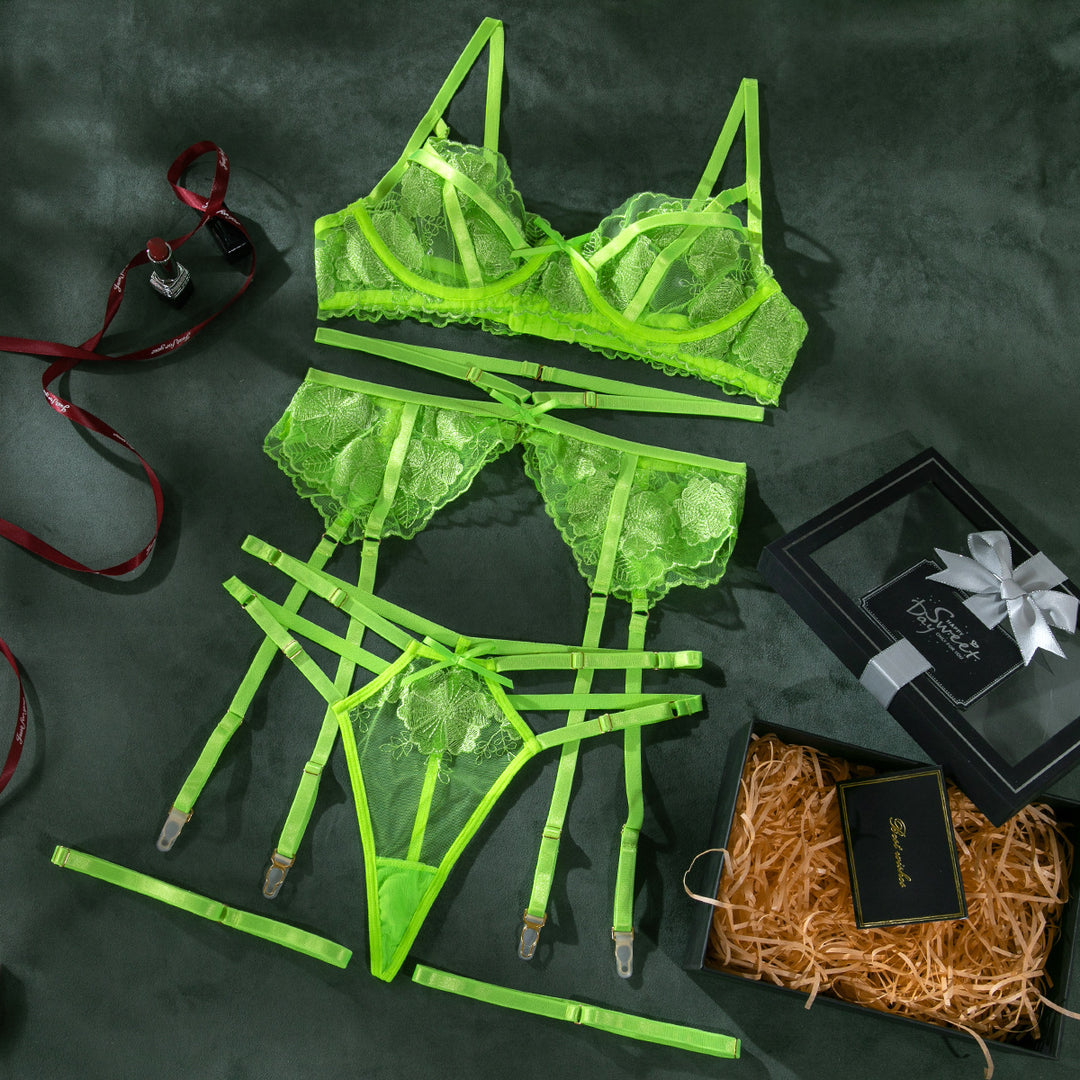 Women's Fluorescent Color Fashionable Embroidered Sexy Three Pieces Lingerie Set