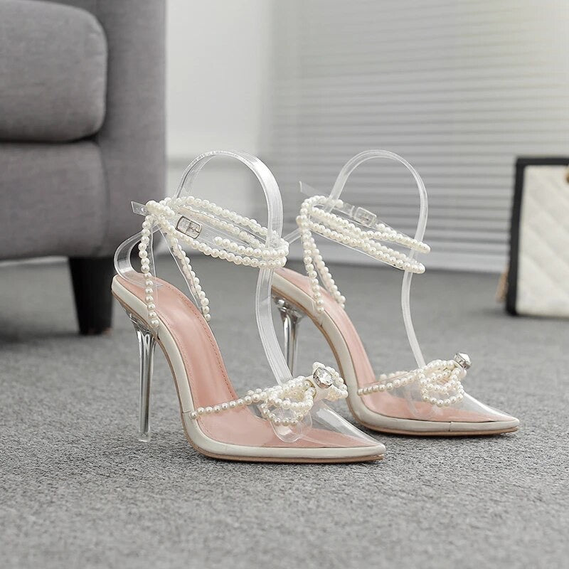 White Pearl Bow Heels