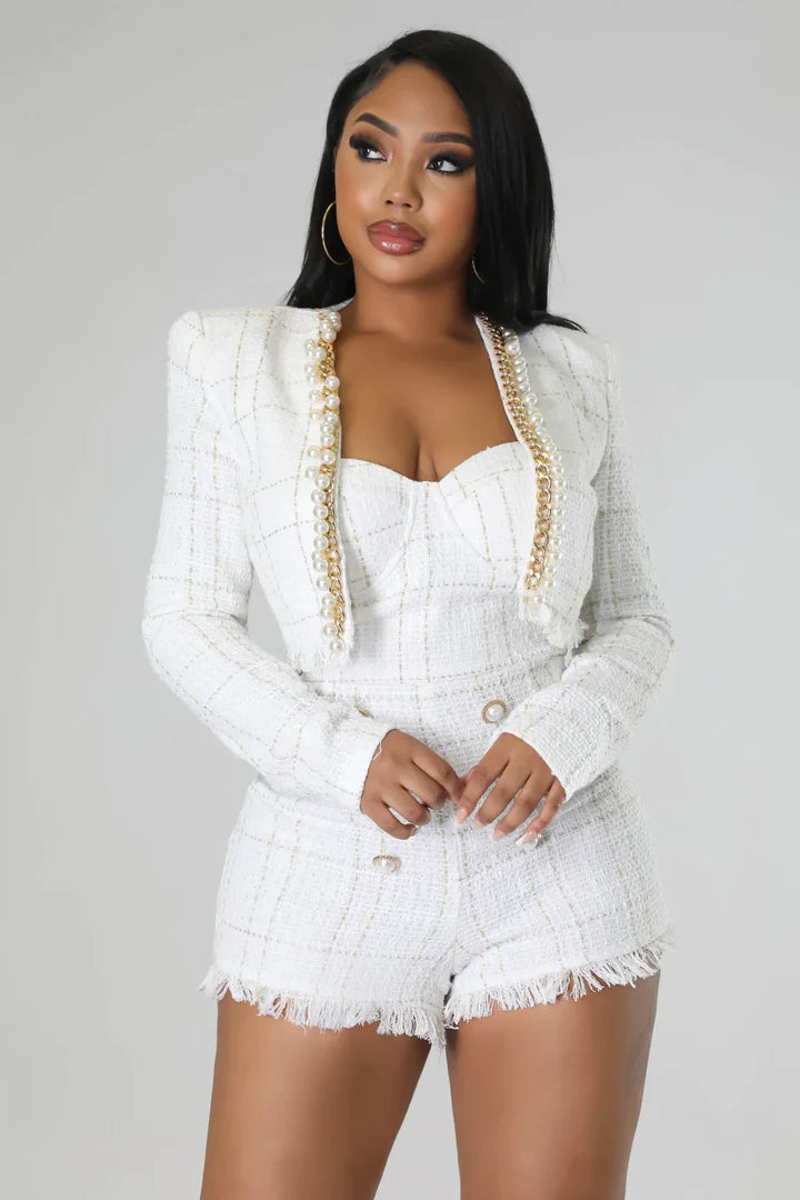 COCO Tweed Crop Blazer Playsuit Set