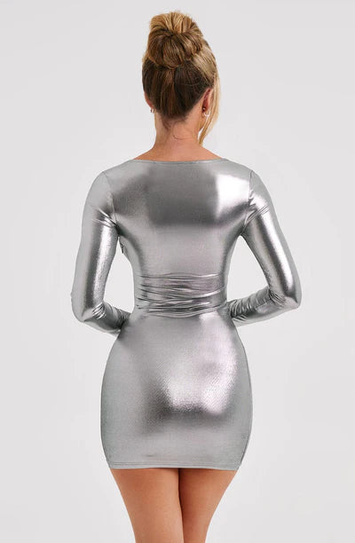 RENAISSANCE GUNMETAL METALLIC MINI DRESS